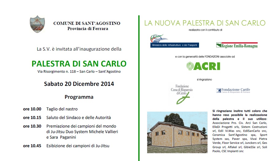 20 dicembre inaugurazione della palestra di San Carlo
